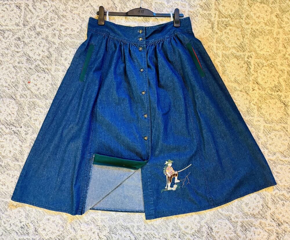 Vintage Julian Lang Denim Skirt US 12 Landhaus Alpine Folk Trachten Oktoberfest